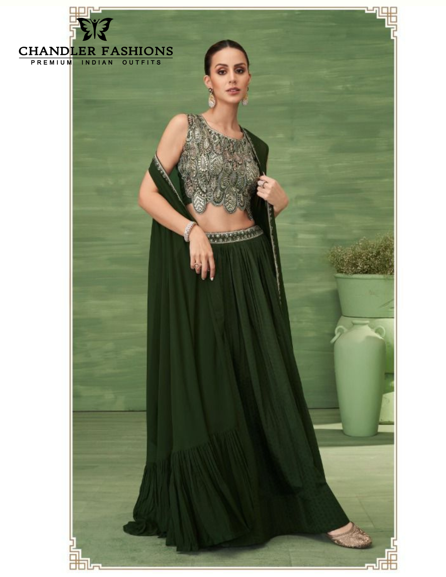 Beautiful Green Color Chinon Indo Western Lehenga Choli Near me