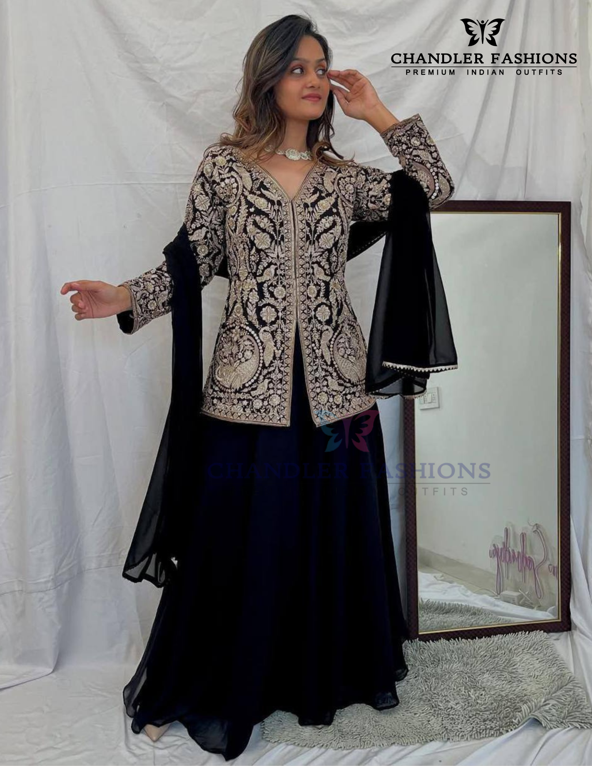 Charming Black Color Georgette With Embroidery And Sequins Work Palazzo Suits