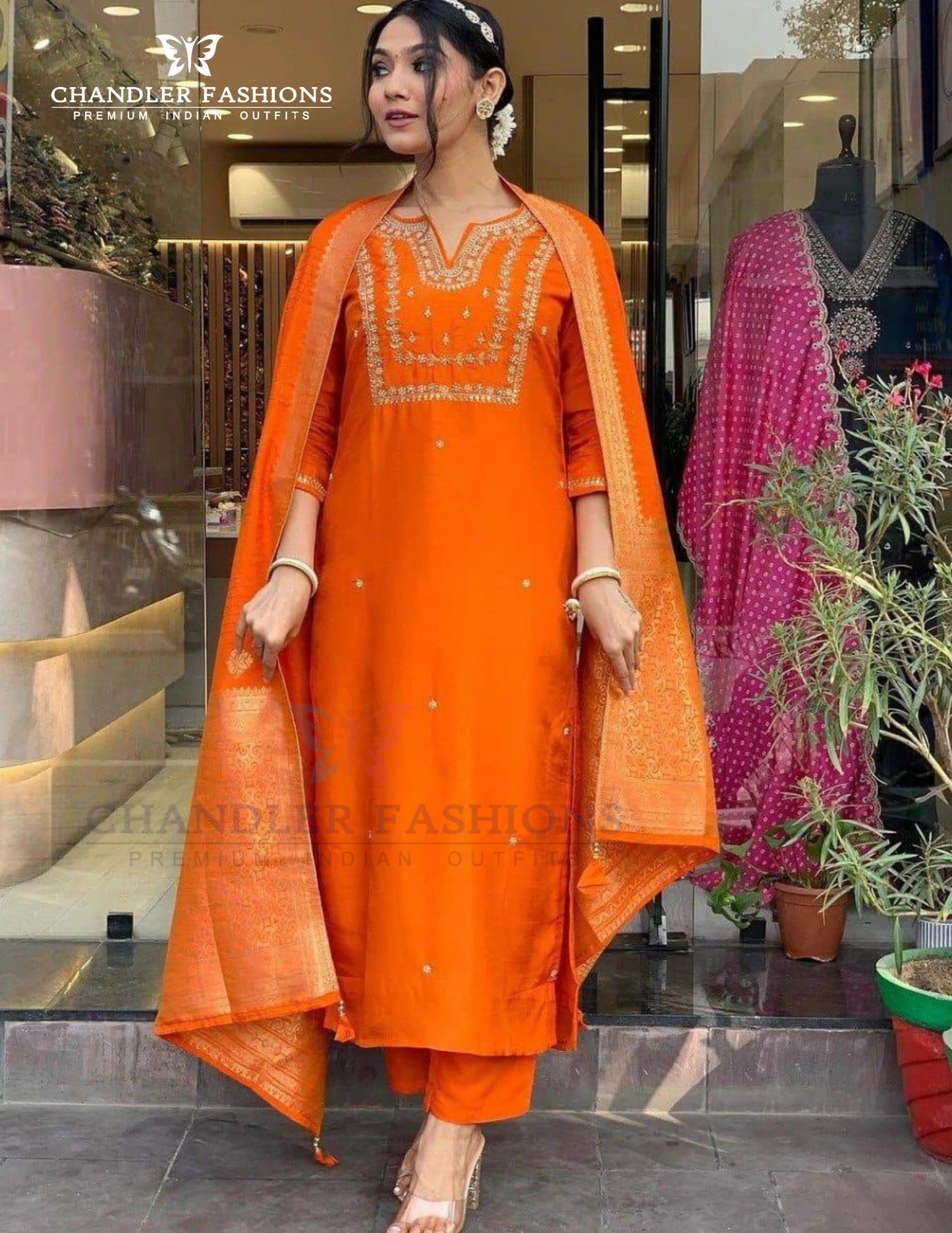 Amazing Orange Color Cotton Slub With Embroidery Work Salwar Suits For Women