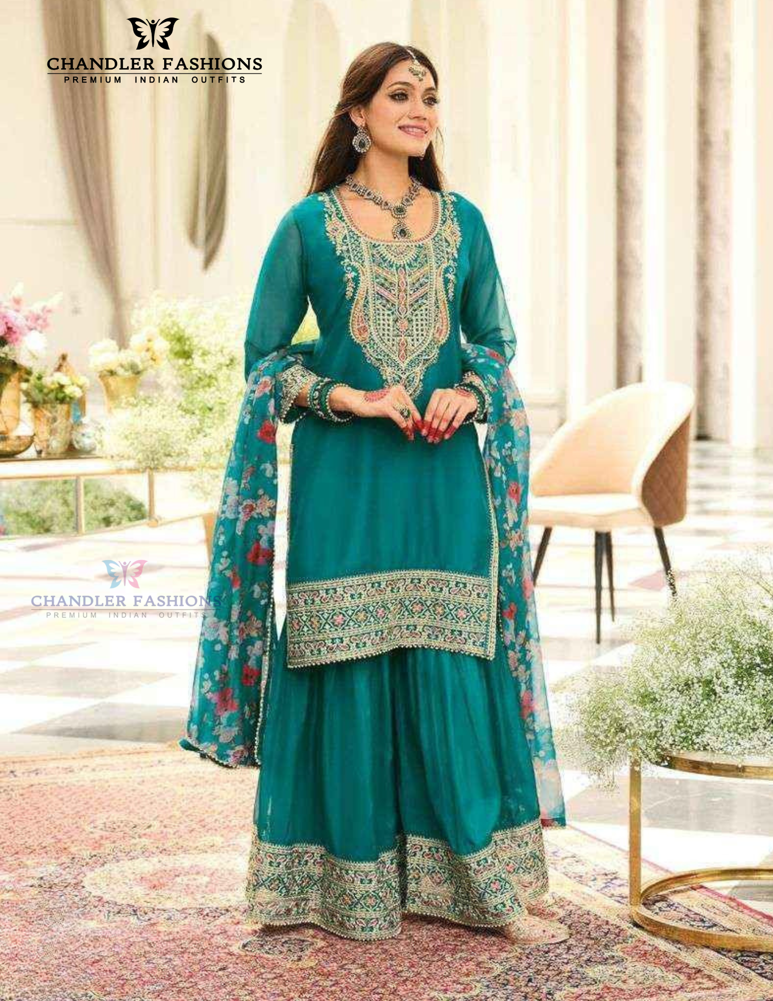 Amazing Teal Green Color Organza With Embroidery Work Palazzo Suits For women