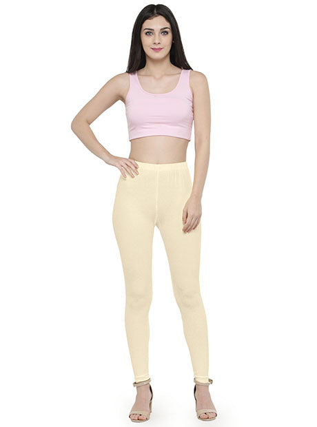 Beautiful Off White Colored Solid Cotton Leggings For Women