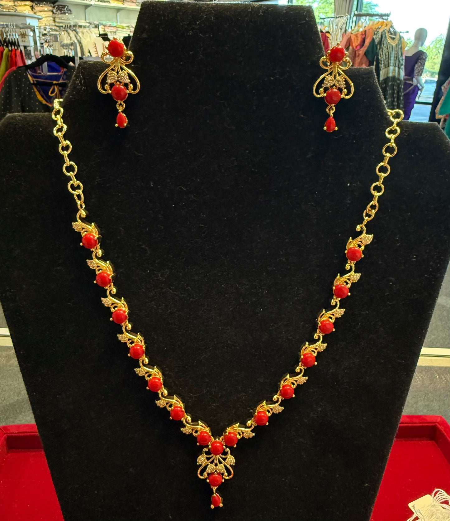 Amazing Gold Plated Red Stones Necklace Set with Earrings