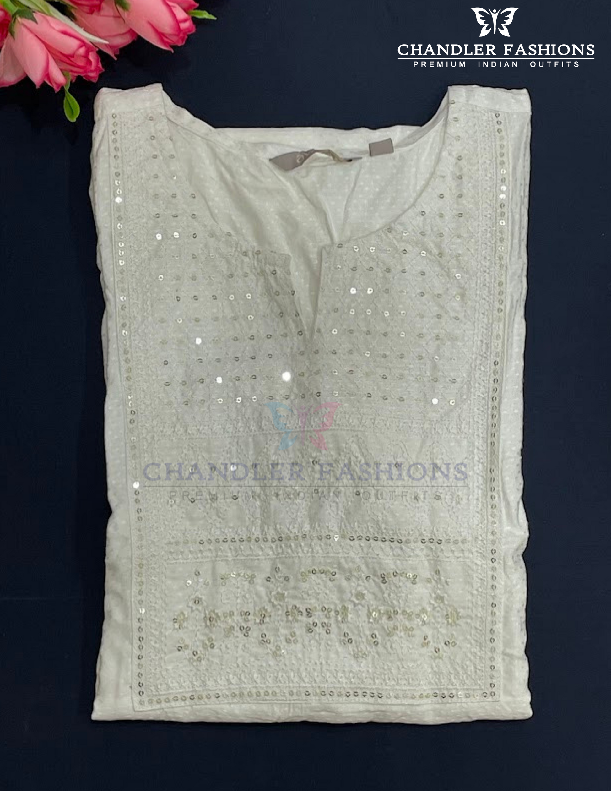 Appealing White Color Cotton With Embroidery And Sequins Work Kurti In USA