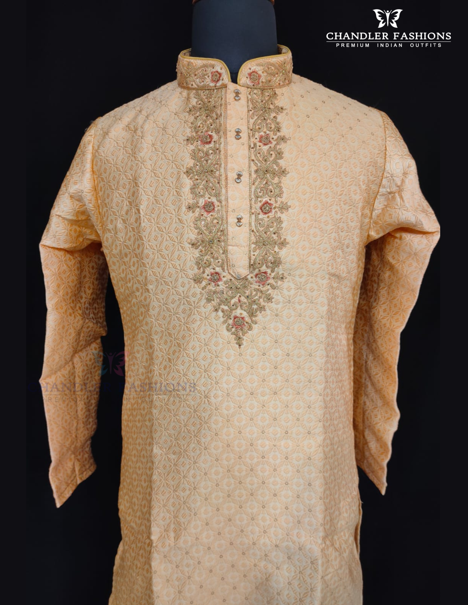 Graceful Orange Color Jacquard Designer Men's Kurta With Stone And Embroidery Work