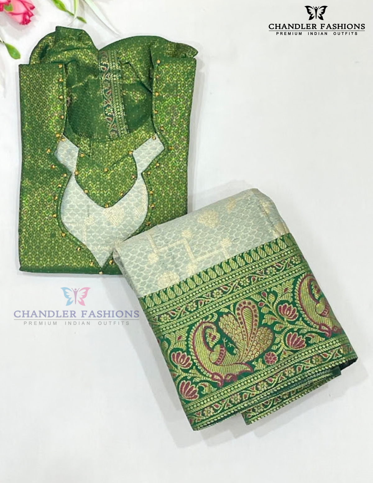 Green Color Silk Langa Set With Stone Work For Girls Near Me