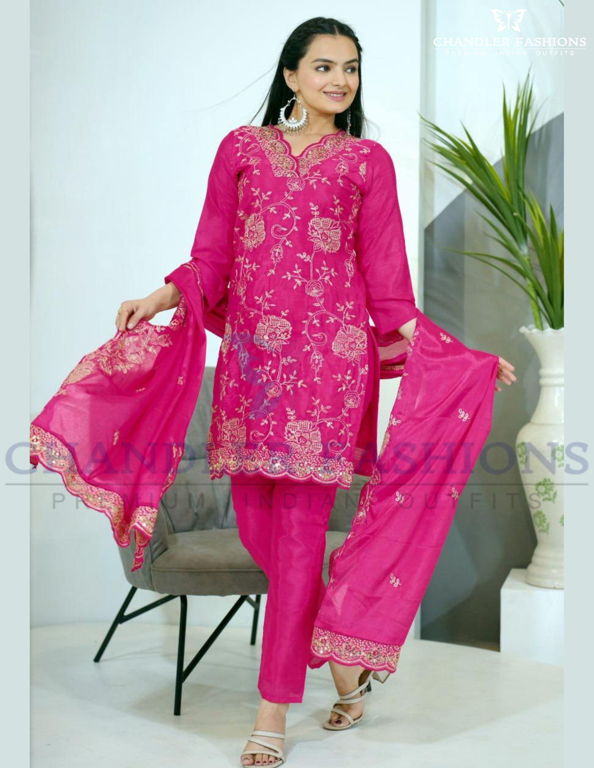 Attractive Rani Pink Color Chinon With Heavy Sequins And Embroidery Work Salwar Suits For Women