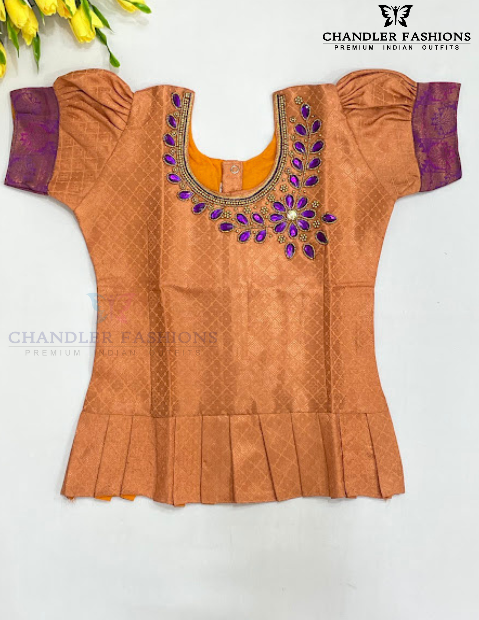 Light Orange And Violet Color Silk Langa sets With Zari Work In Tempe
