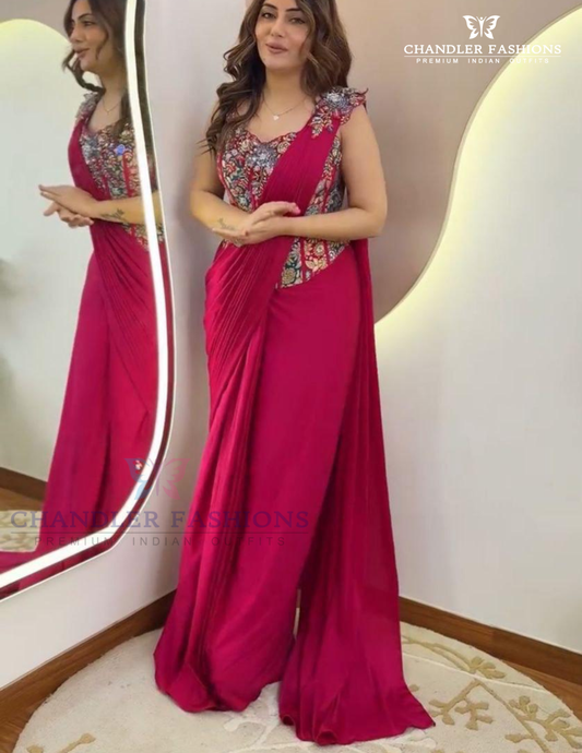 Attractive Pink Color Embroidery And Sequins Work Ready To Wear Saree For Women