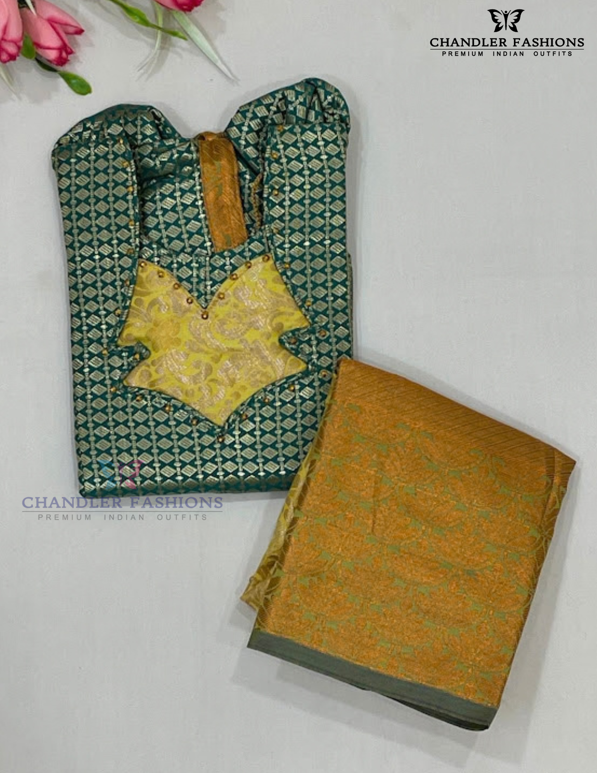Green And Yellow Color Silk With Stone Work Langa set For Girls Near Me