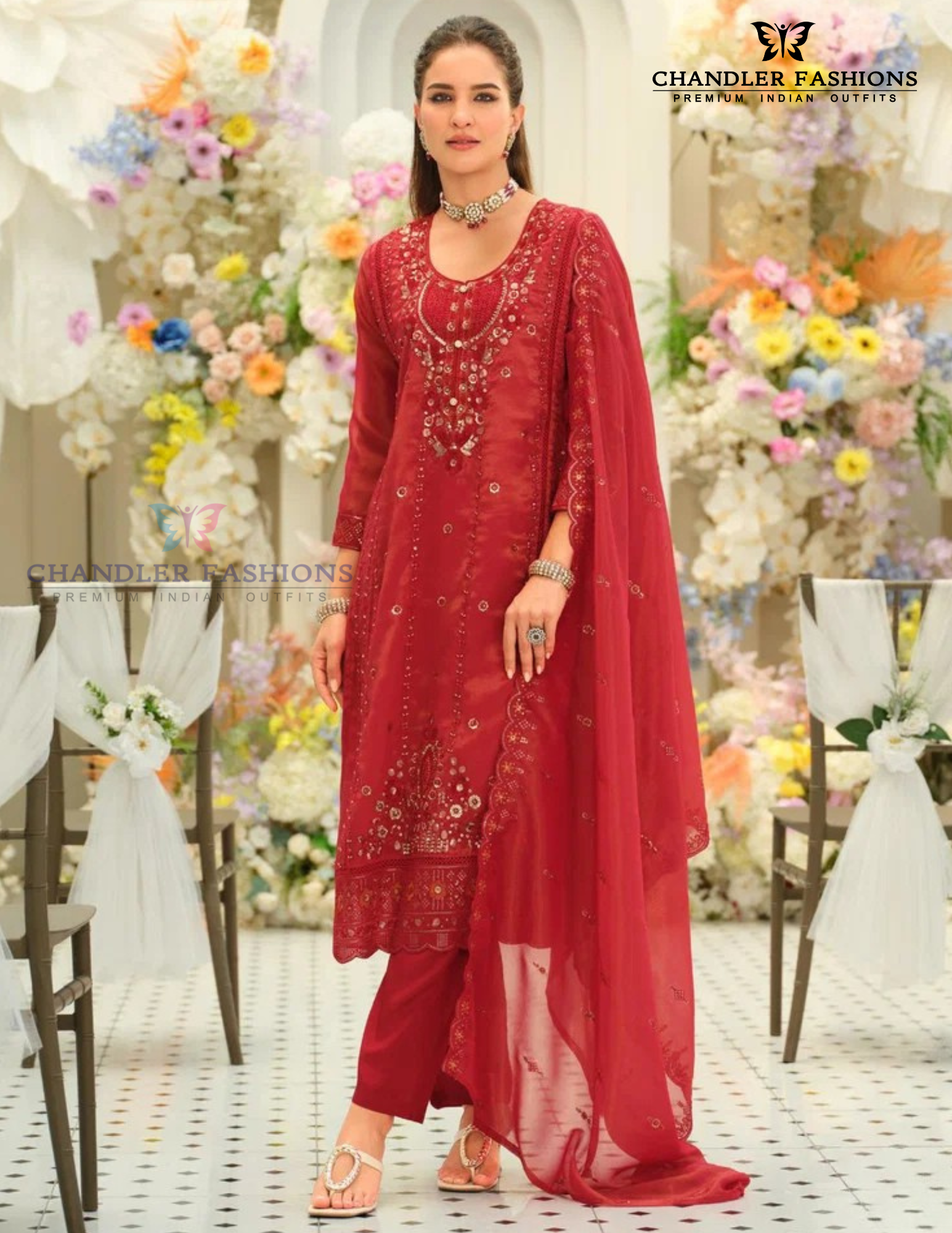 Stunning Red Color Shimmer With Embroidery Work Salwar Suits For Women