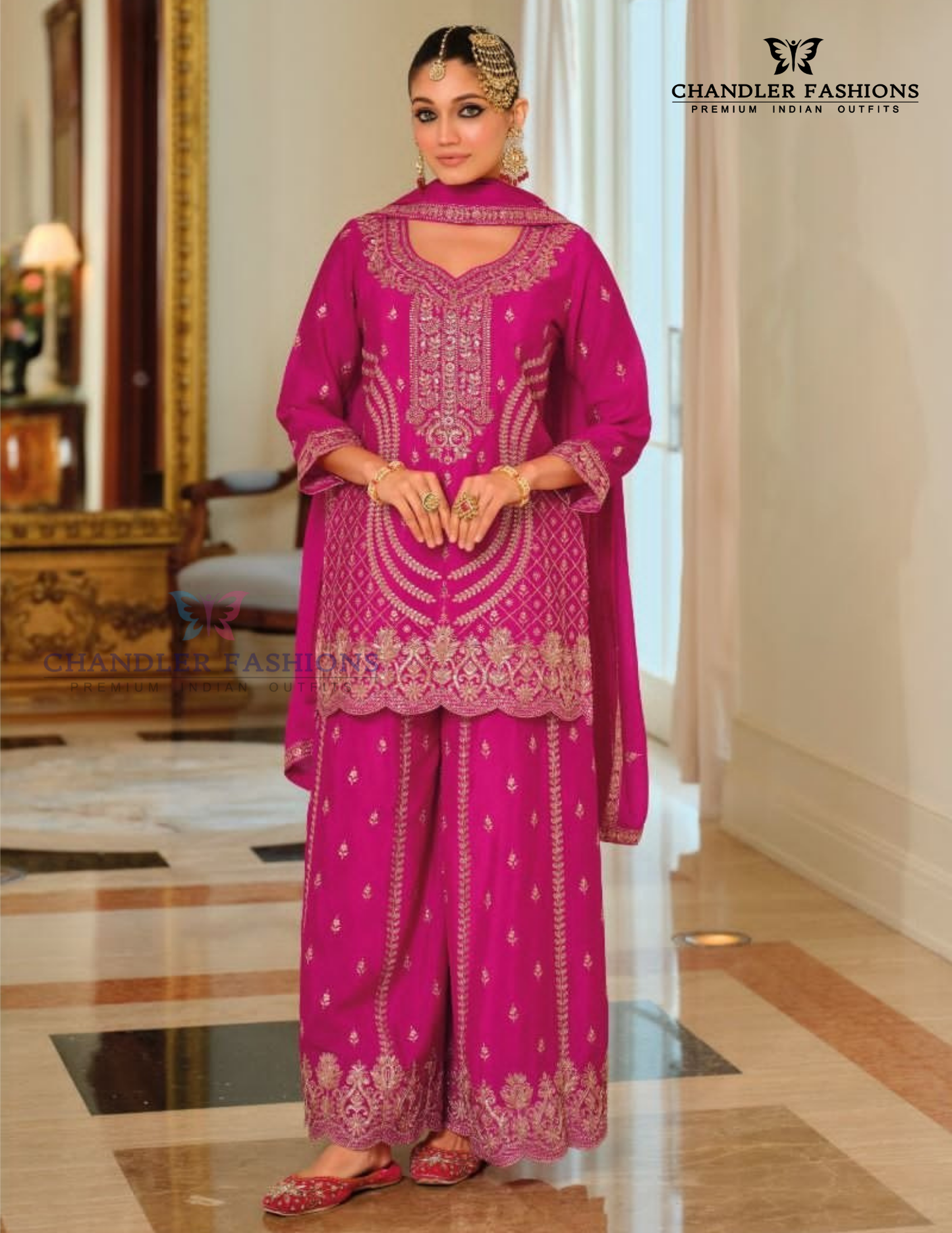 Alluring Pink Color Chinon With Embroidery Work Palazzo Suit With Dupatta For Women