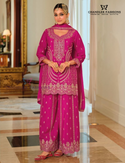 Alluring Pink Color Chinon With Embroidery Work Palazzo Suit With Dupatta For Women