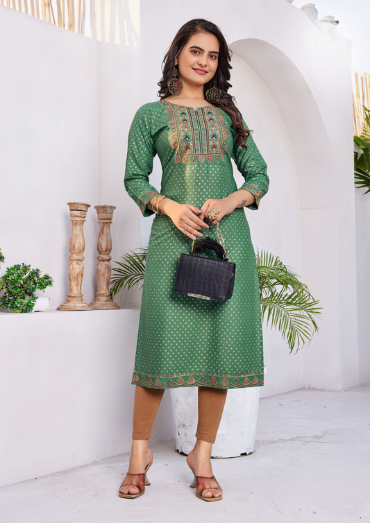 Attractive Green Colored Dot Design Rayon Kurti With Thread Embroidery Work
