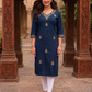 Charming Blue Color Cotton With Embroidery Work Kurti For Women