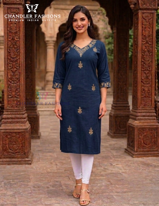 Charming Blue Color Cotton With Embroidery Work Kurti For Women