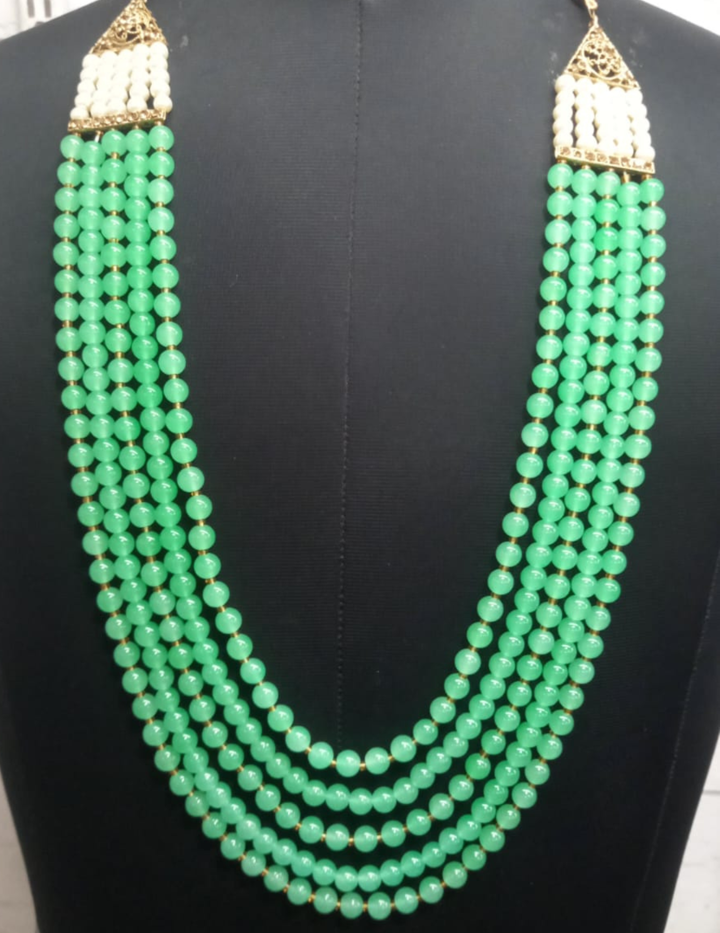 Alluring Green Color Gold Plated With Pearl Beaded Mala