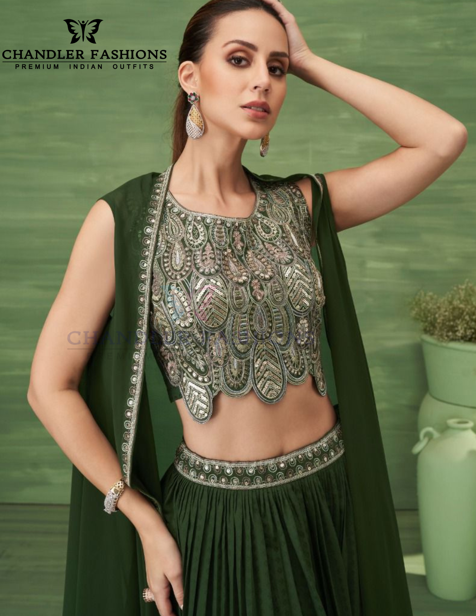  Green Color Chinon Indo Western Lehenga Choli In USA