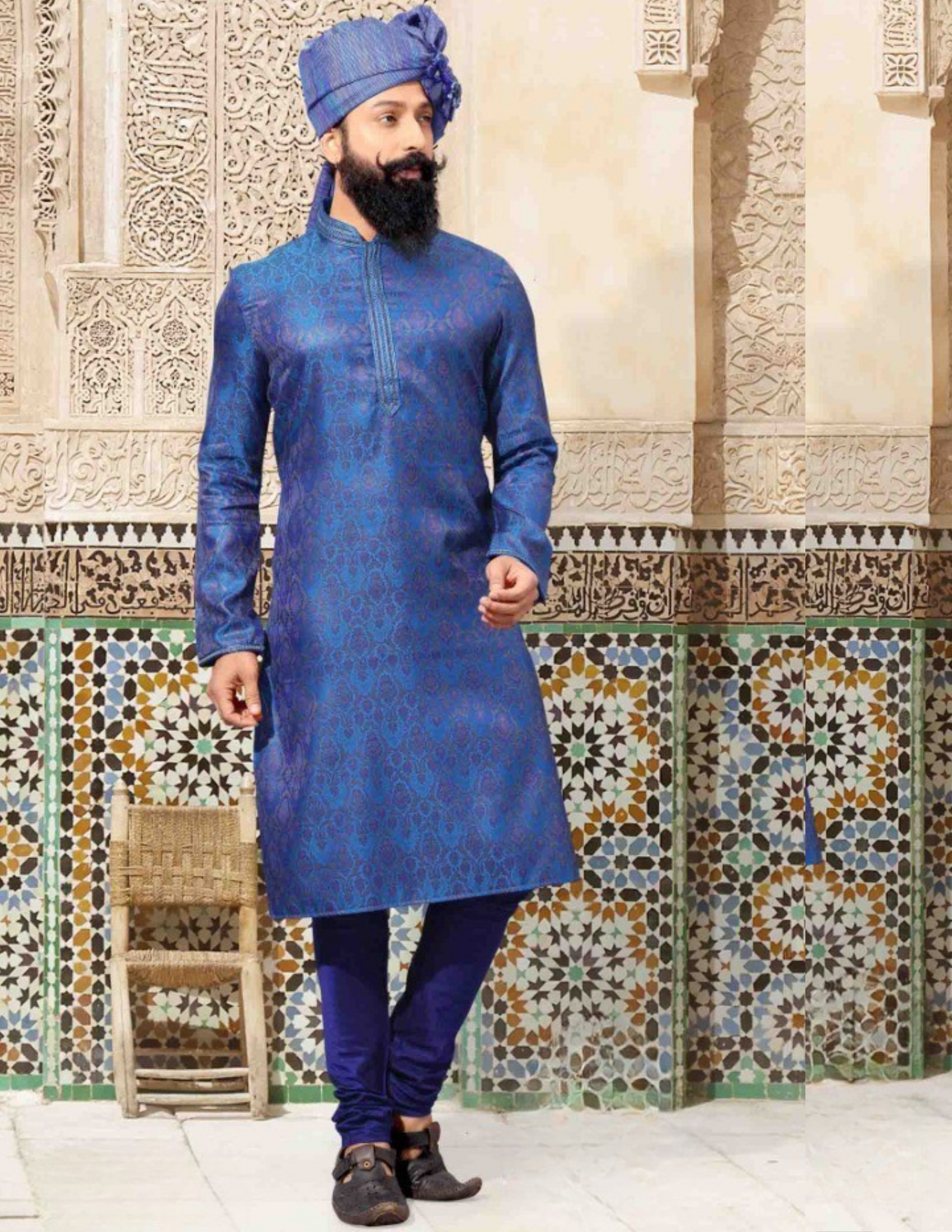 Elegant Blue Color Embroidery Work Kurta With Slub Silk Pajama Pant