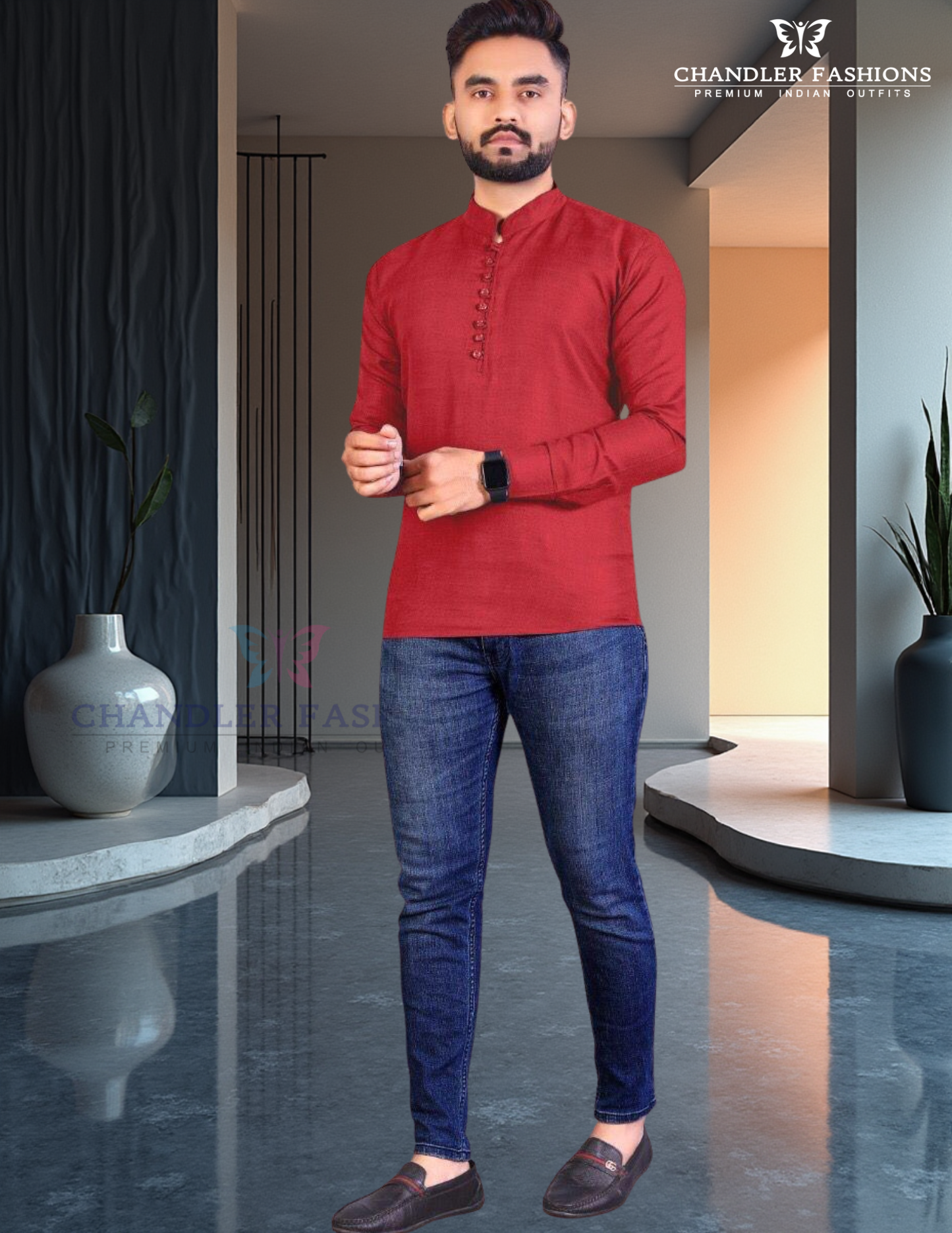 Graceful Red Color Cotton Short Kurta For Men