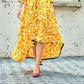 Trendy Yellow Color Mandarin Collared Printed Slub Rayon Dress In USA