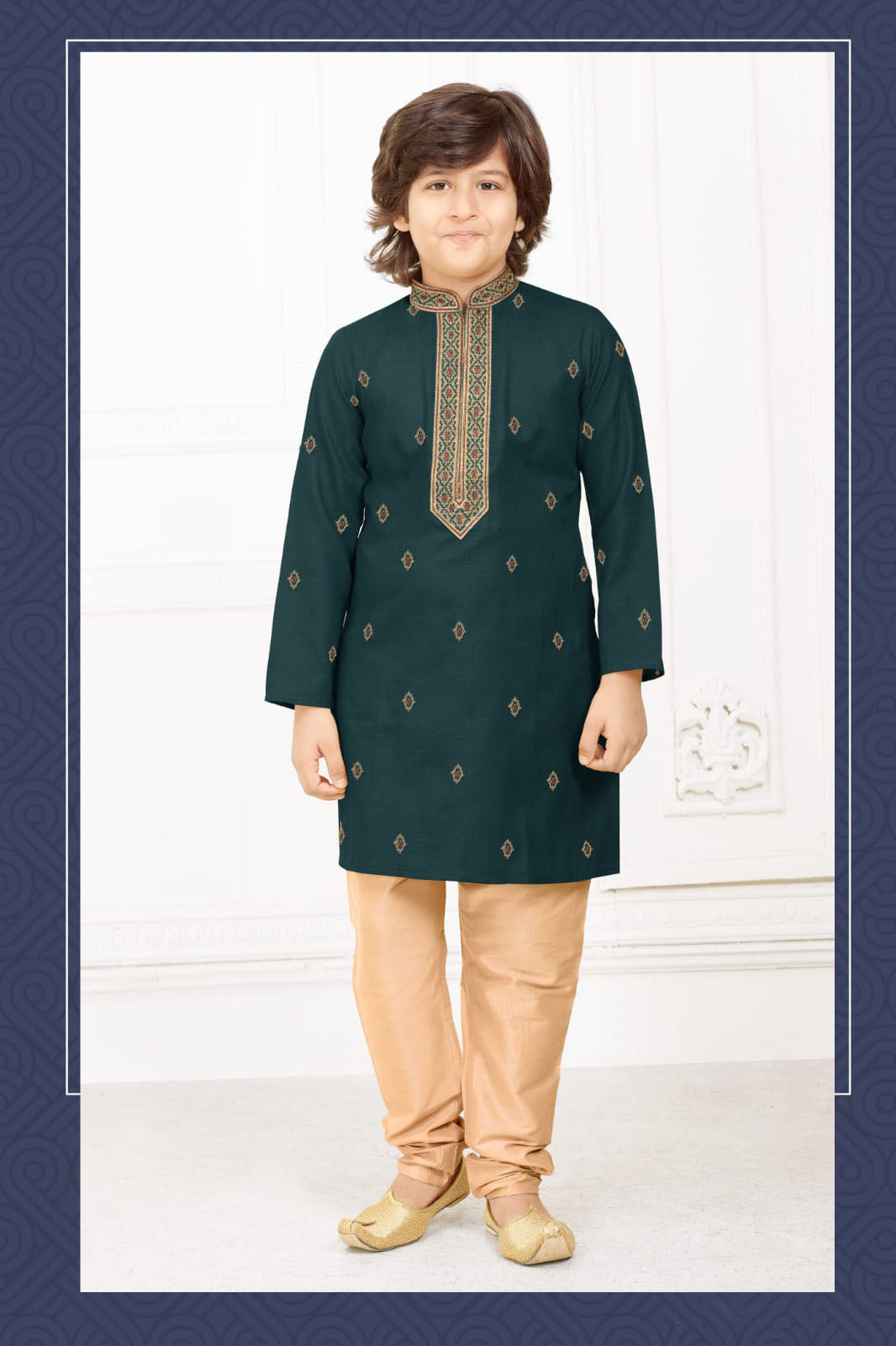 Attractive Green Colored Poly Cotton Kurta And Pajama With Embroidery Work