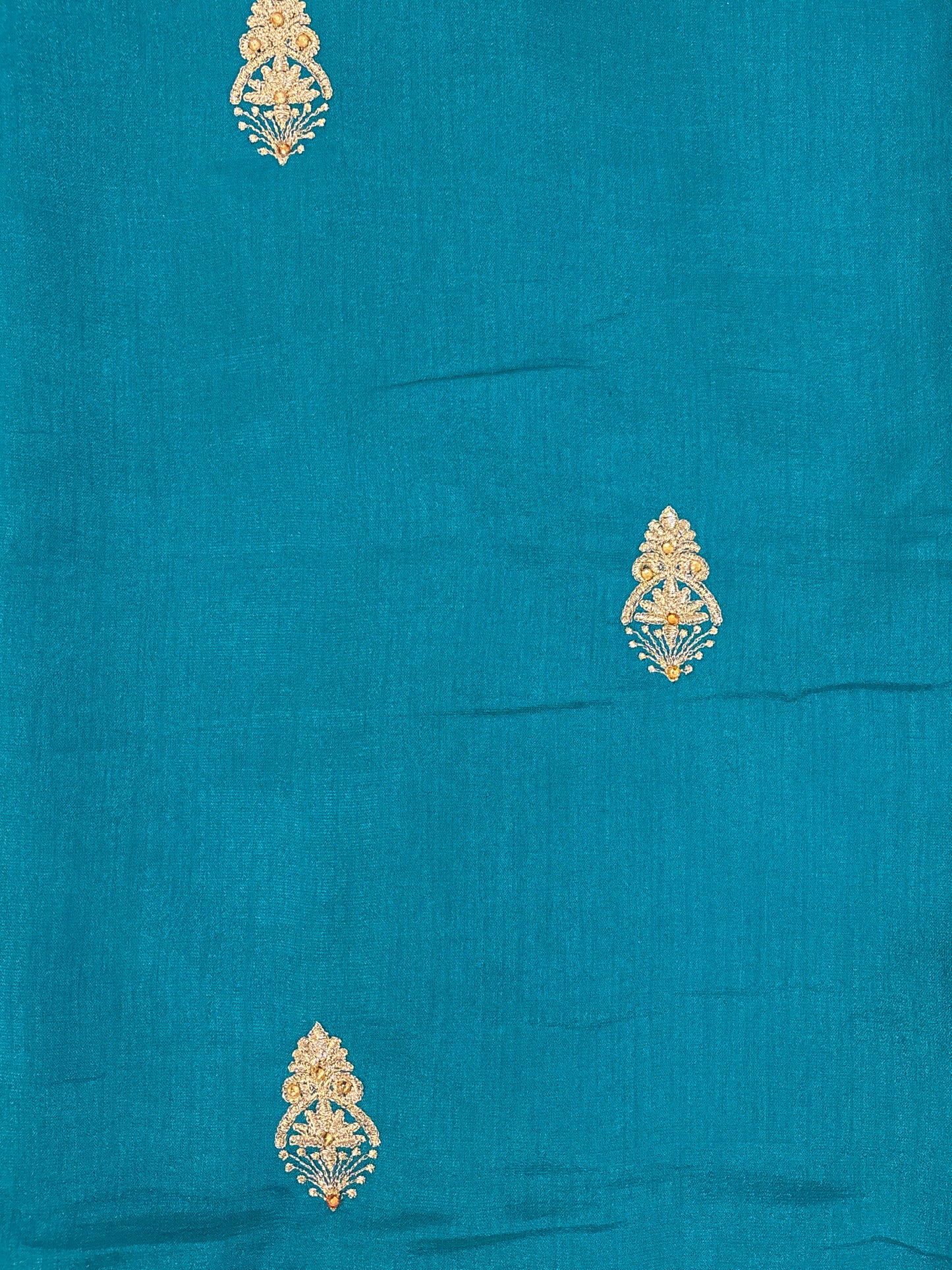 Fantastic Bright Teal Green Color Heavy Chinon Embroidered Work With Gold Stone Fancy Saree - PREMIUM QUALITY