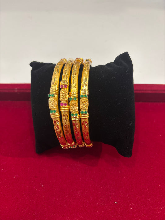Amazing Green And Red Color Stones Gold Plated Bangles For Women