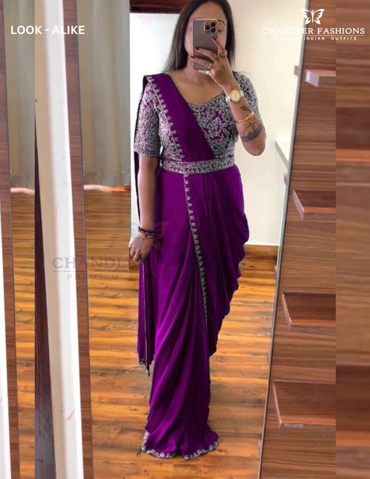 Pleasing Purple Color Chinon With Embroidery Work Ready To Wear Saree For Women