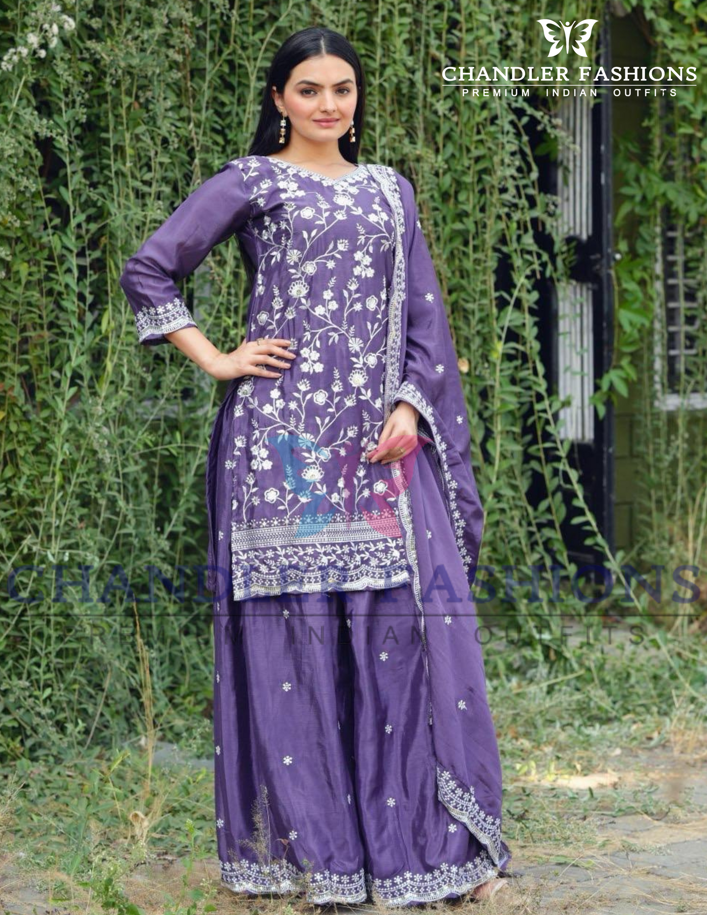 Chinon Embroidery And Sequins Work With Palazzo Suits In USA