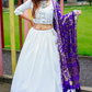 Stunning White Color Cotton Lehenga Set With Purple Color Dupatta For Women