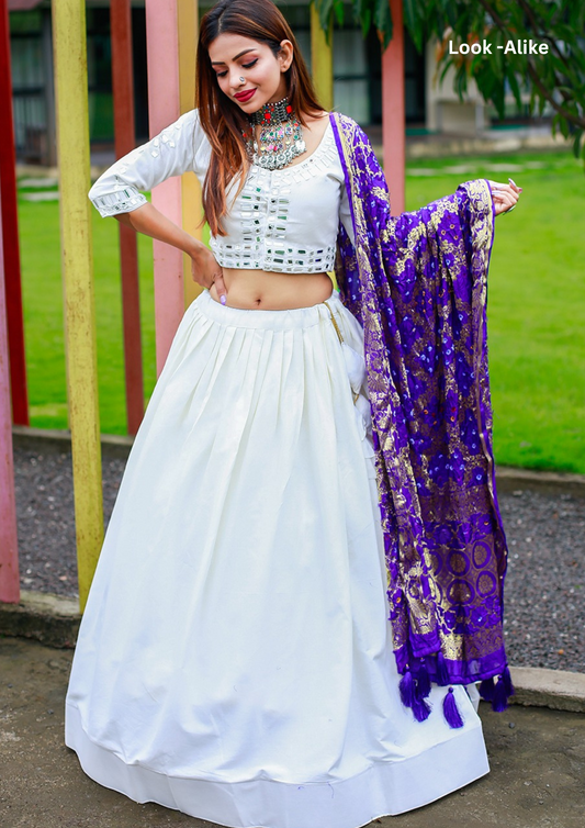 Stunning White Color Cotton Lehenga Set With Purple Color Dupatta For Women