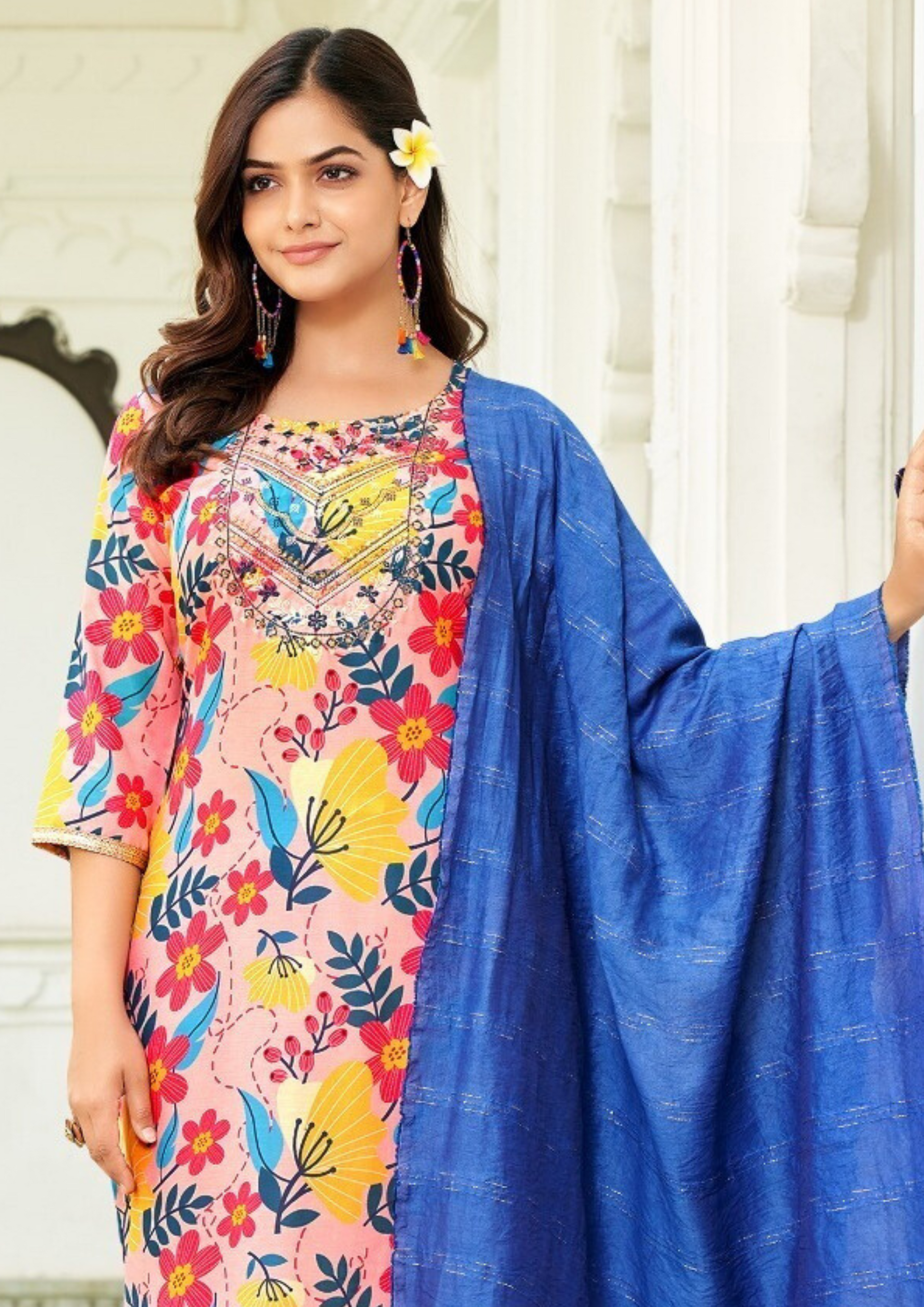Multicolor Design Straight Kurthi With Pant And Fancy Jacquard Dupatta For Women Near Me