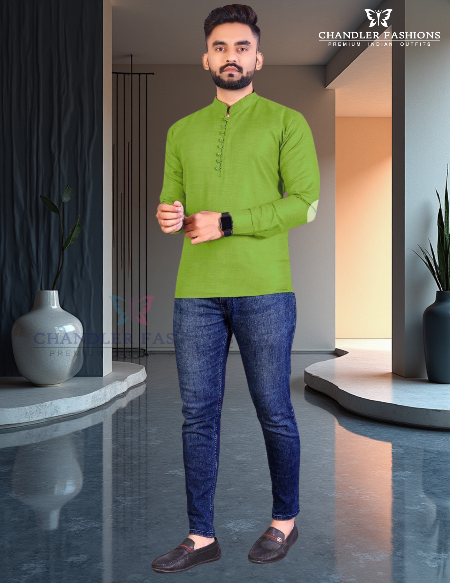 Attractive Green Color Cotton Short Kurta For Men