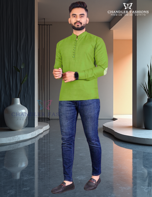 Attractive Green Color Cotton Short Kurta For Men