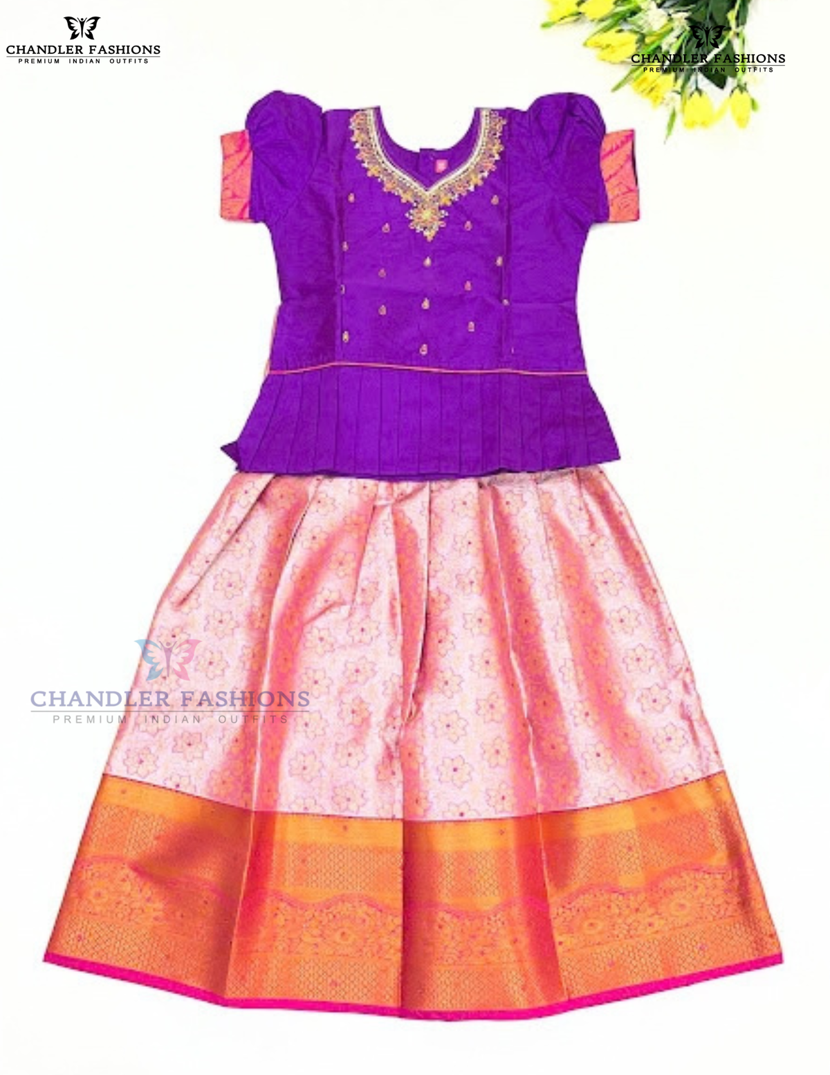 Elegant Voilet And Pink Color Art Silk Langa Set With Stone And Zari Work For Girls