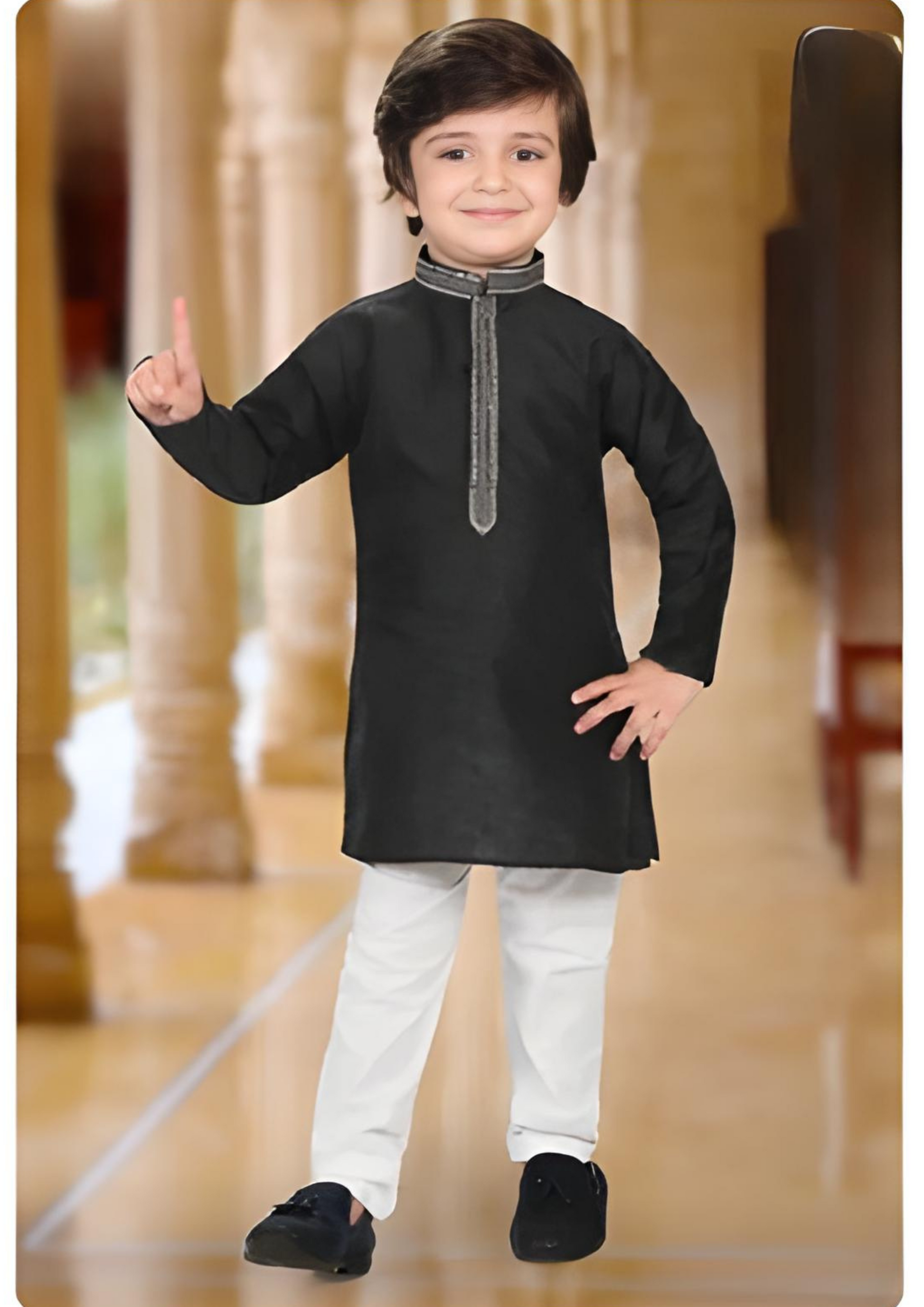 Elegant Black Color Heavy Banarasi Embroidery Kurta Pajama Set For Boys