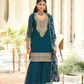 Pretty Teal Blue Color Organza With Embroidery Work Palazzo Suits For Women
