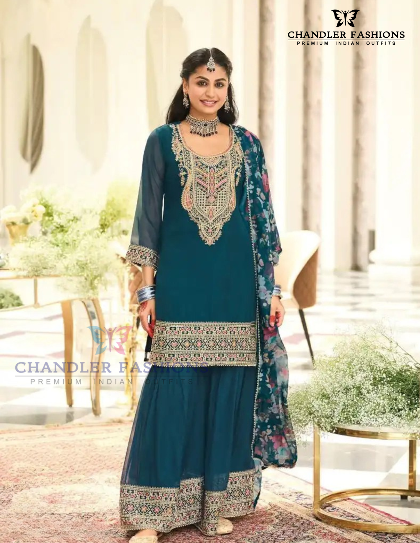 Pretty Teal Blue Color Organza With Embroidery Work Palazzo Suits For Women