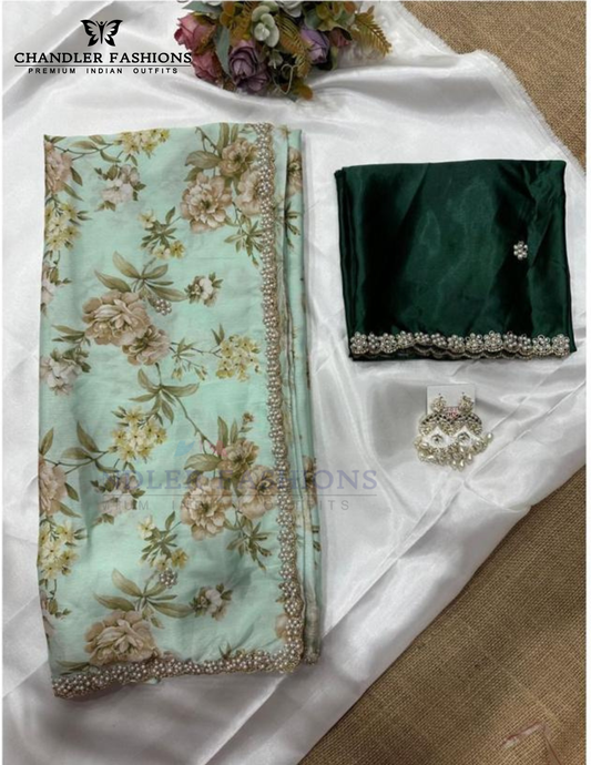 Alluring Green Color Chinon With Embroidery Work Saree For Women