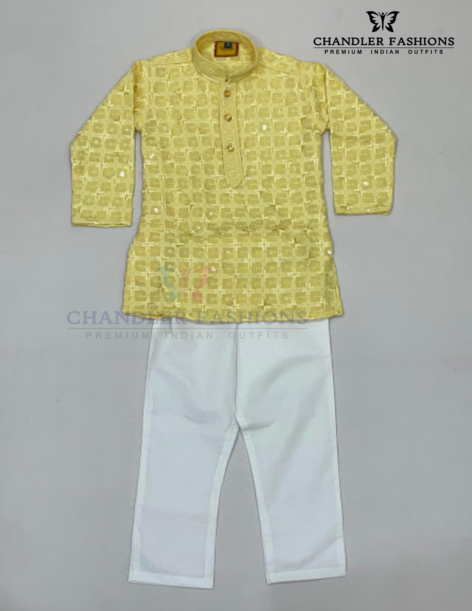 Fantastic Yellow Color Cotton Sequins Work Kurta With Pajama Set For Kids