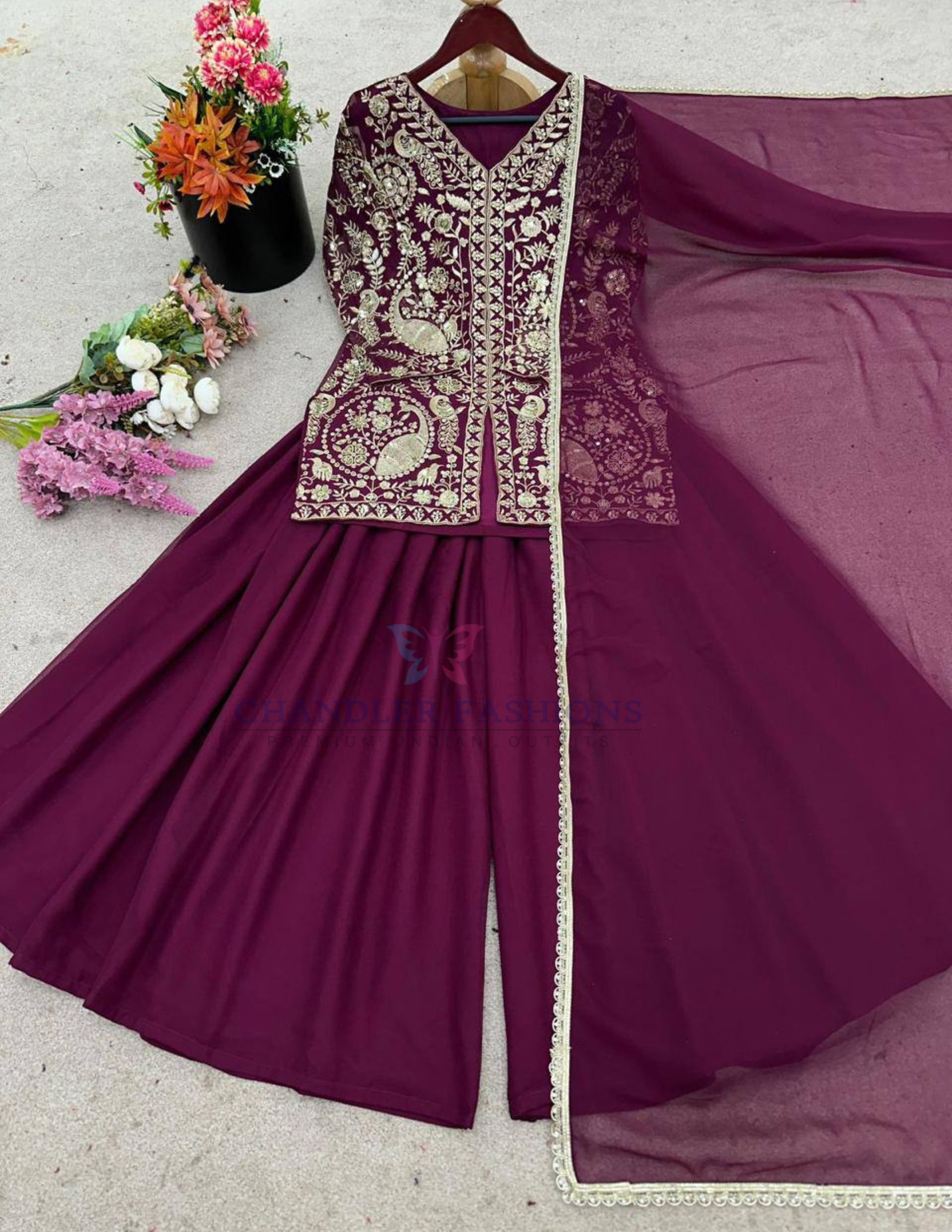 Maroon Color Heavy Faux Georgette With Embroidery And Sequins Work Palazzo Suits Near Me