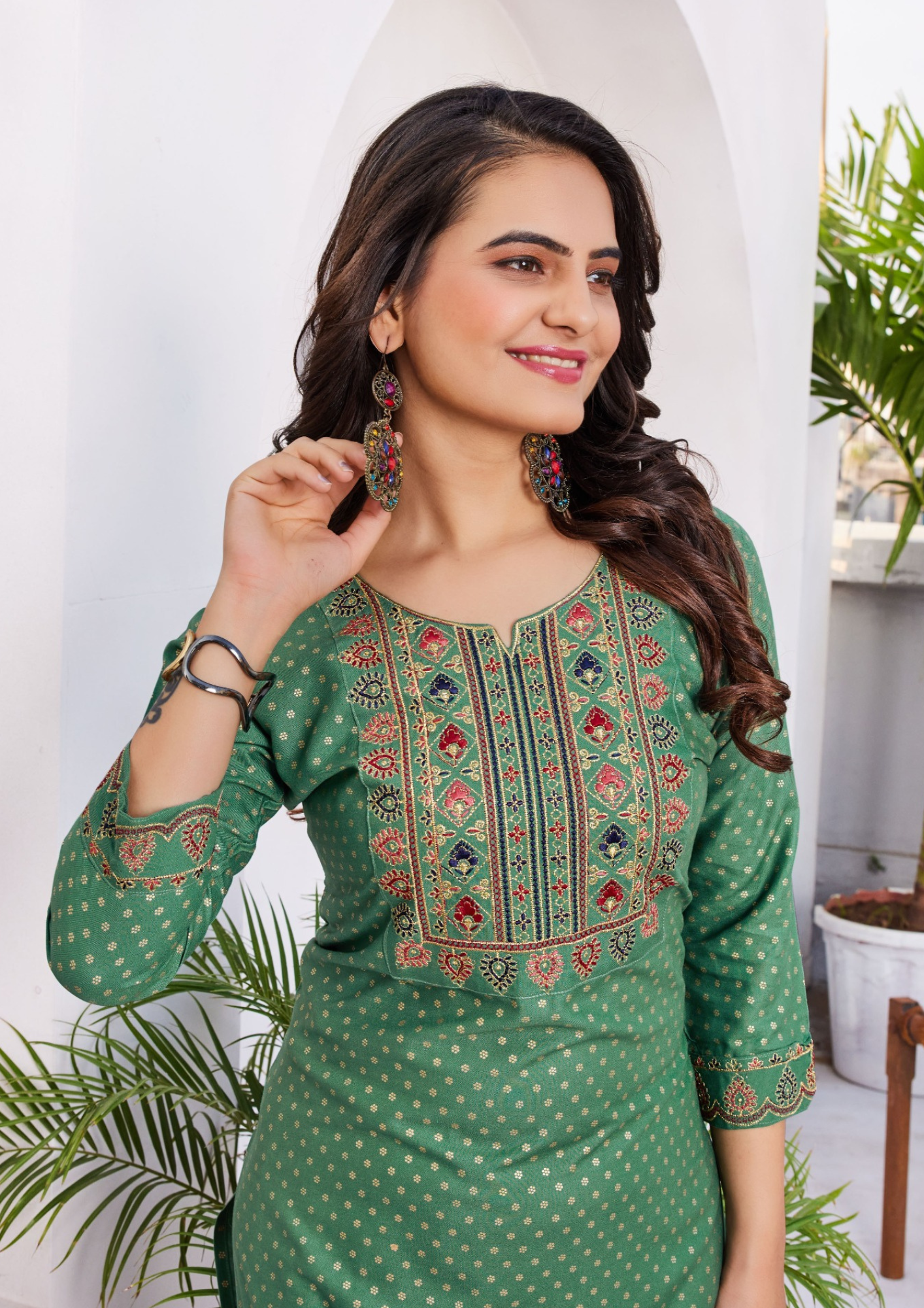 Attractive Green Colored Dot Design Rayon Kurti  Near Me