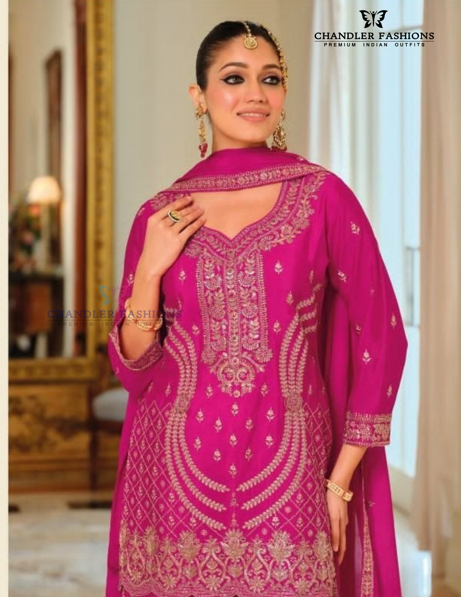 Pink Color Chinon With Embroidery Work Palazzo Suit With Dupatta Near Me