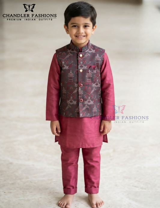 Stunning Pink Color Silk With Printed Work Sherwani Suits With Jacket For Boys
