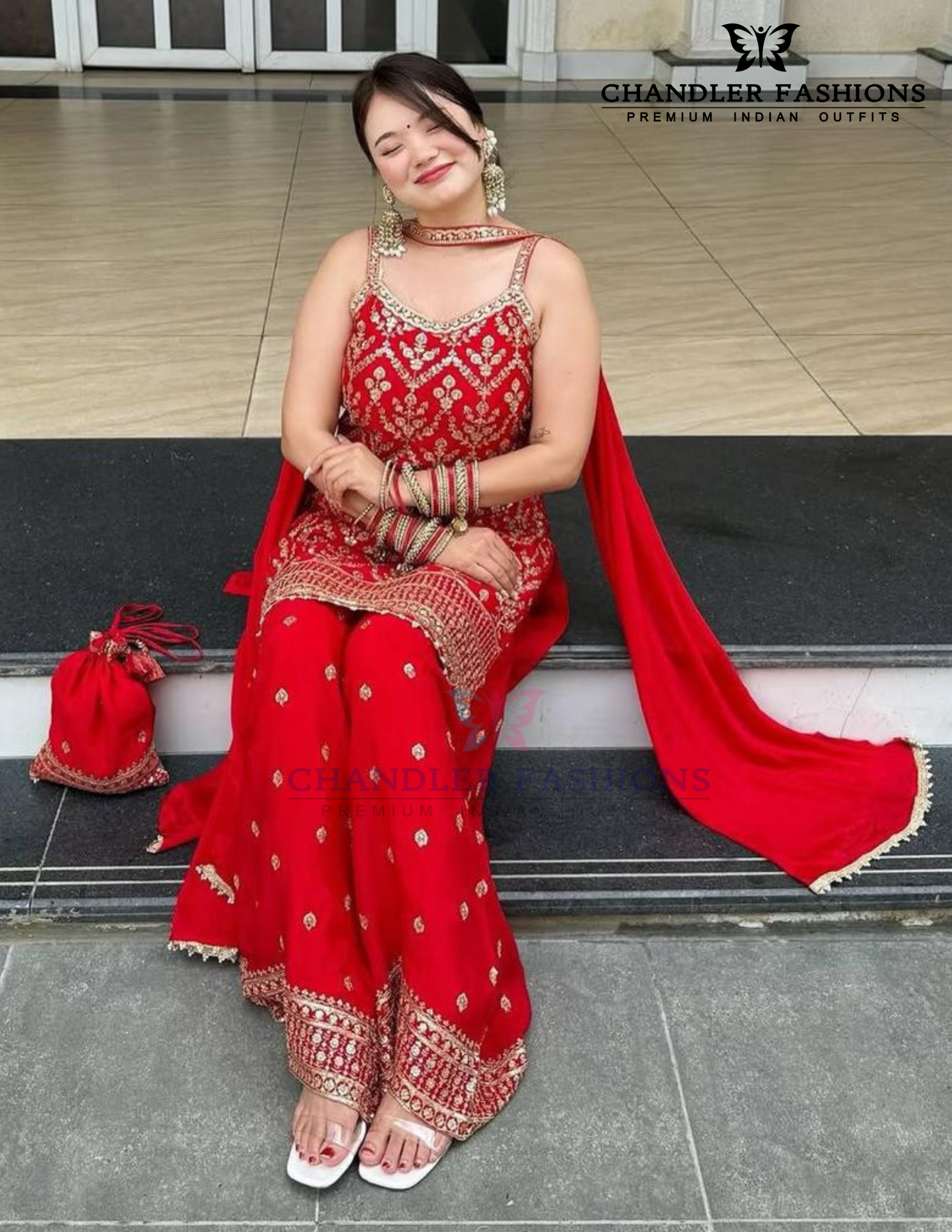Red Color Georgette With Embroidery And Sequins Work Palazzo Suits For Women Near Me