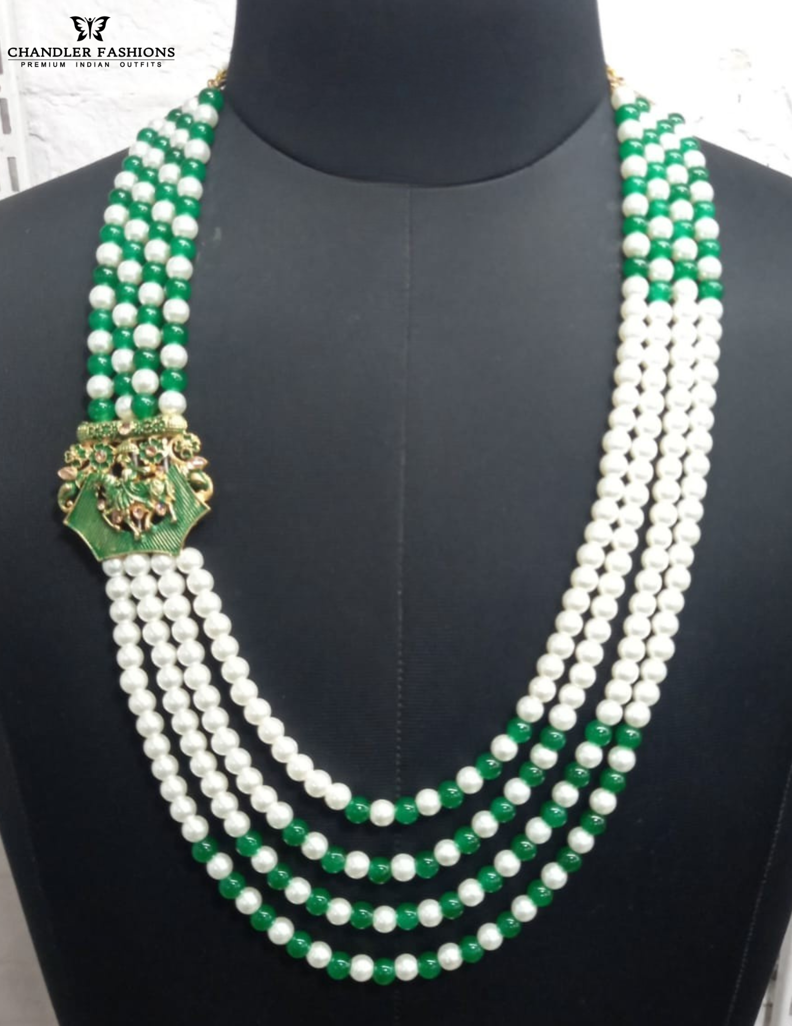 Wonderful Green And White Color Gold Plated With Designer Pearl Beaded Mala