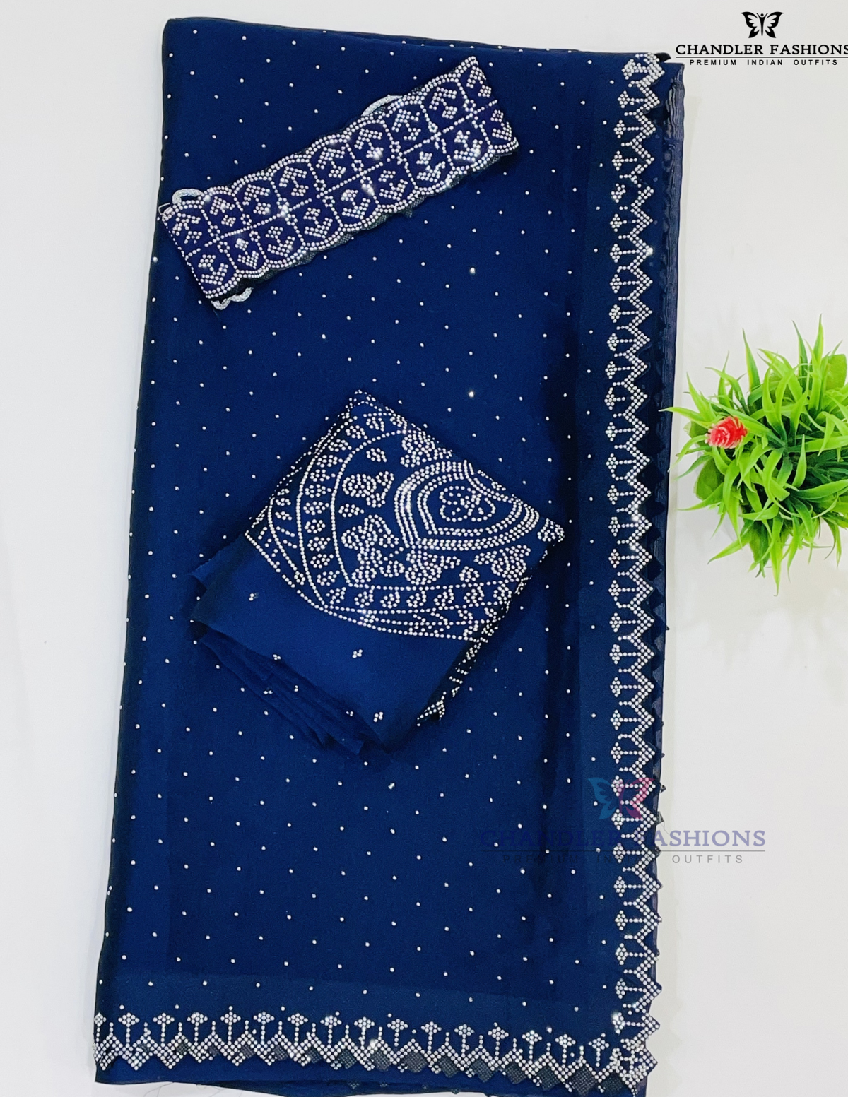 Elegant Navy Blue Color Georgette With Stone Work Designer Saree With Belt