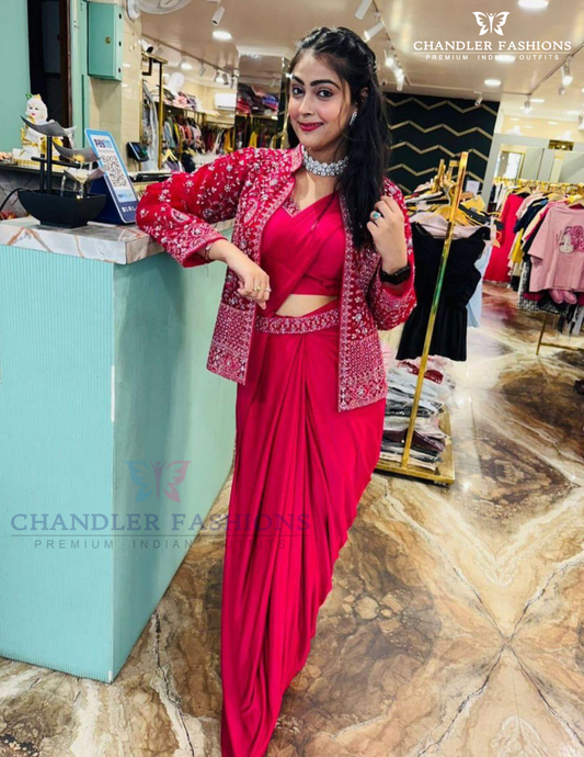 Stunning Dark Pink Color Embroidery And Sequins Work Ready To Wear Saree For Women