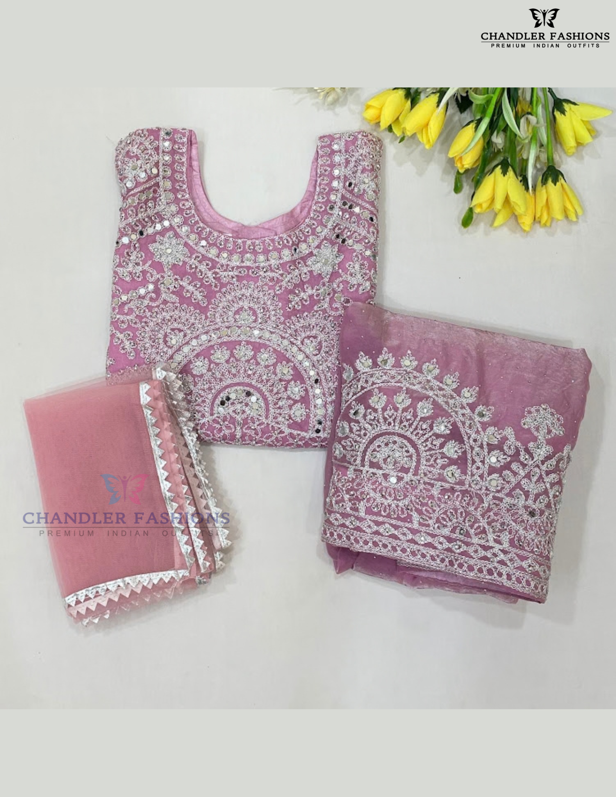 Attractive Light Pink Color Embroidery And Mirror Work Choli With Dupatta Near Me