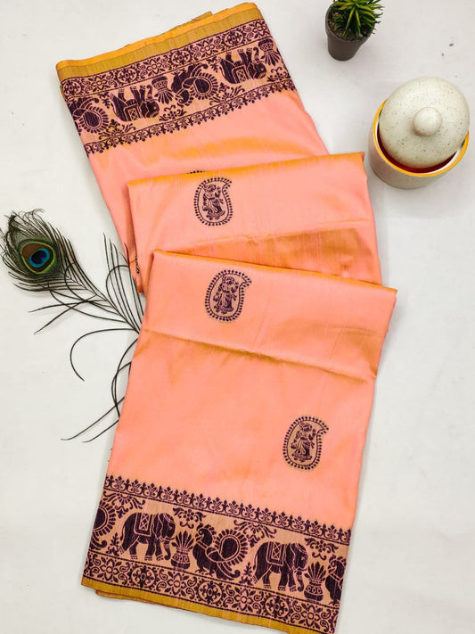 Fascinating Peach And Green Color Soft Raw Silk Saree With Antique Woven Design And Contrast Pallu